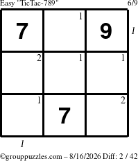The grouppuzzles.com Easy TicTac-789 puzzle for Sunday August 16, 2026 with all 2 steps marked