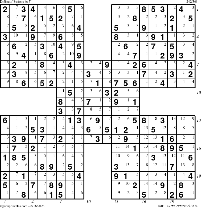 The grouppuzzles.com Difficult Sudoku-by5 puzzle for Sunday August 16, 2026, suitable for printing, with all 14 steps marked