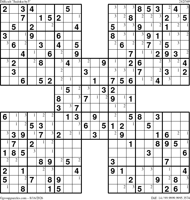 The grouppuzzles.com Difficult Sudoku-by5 puzzle for Sunday August 16, 2026 with the first 3 steps marked
