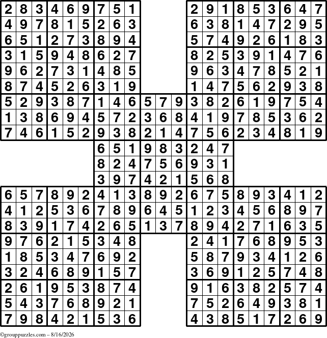 The grouppuzzles.com Answer grid for the Sudoku-by5 puzzle for Sunday August 16, 2026
