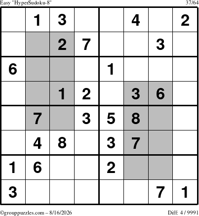 The grouppuzzles.com Easy HyperSudoku-8 puzzle for Sunday August 16, 2026