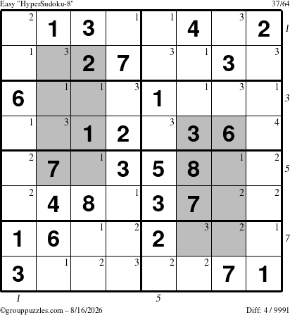The grouppuzzles.com Easy HyperSudoku-8 puzzle for Sunday August 16, 2026, suitable for printing, with all 4 steps marked