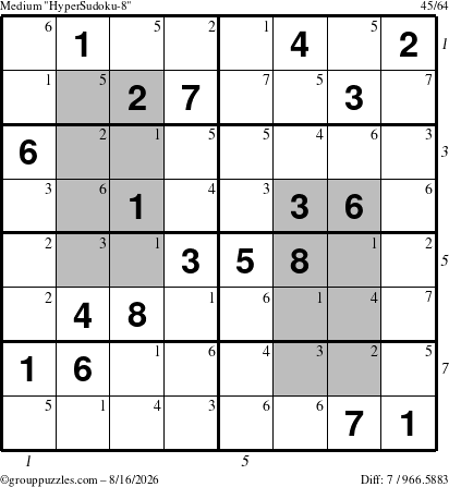 The grouppuzzles.com Medium HyperSudoku-8 puzzle for Sunday August 16, 2026 with all 7 steps marked