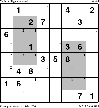 The grouppuzzles.com Medium HyperSudoku-8 puzzle for Sunday August 16, 2026 with the first 3 steps marked