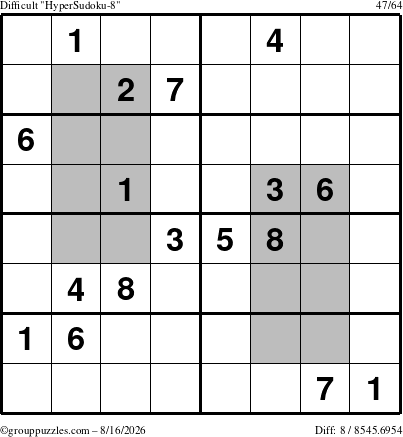 The grouppuzzles.com Difficult HyperSudoku-8 puzzle for Sunday August 16, 2026