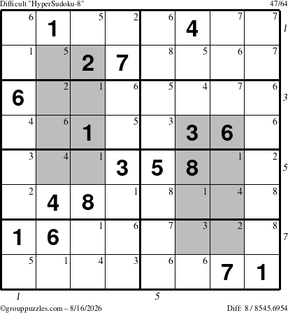 The grouppuzzles.com Difficult HyperSudoku-8 puzzle for Sunday August 16, 2026 with all 8 steps marked