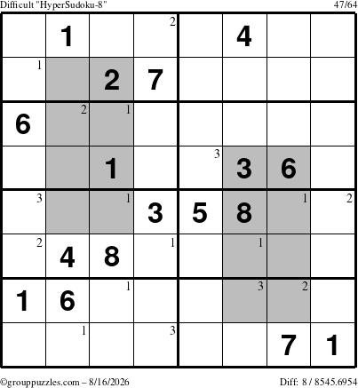The grouppuzzles.com Difficult HyperSudoku-8 puzzle for Sunday August 16, 2026 with the first 3 steps marked