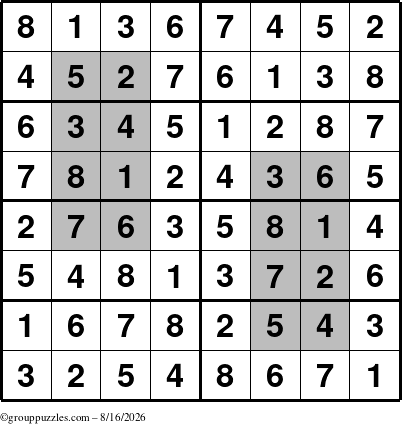 The grouppuzzles.com Answer grid for the HyperSudoku-8 puzzle for Sunday August 16, 2026