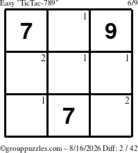 The grouppuzzles.com Easy TicTac-789 puzzle for Sunday August 16, 2026 with the first 2 steps marked