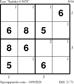 The grouppuzzles.com Easy Sudoku-4-5678 puzzle for Wednesday October 9, 2024, suitable for printing, with all 2 steps marked