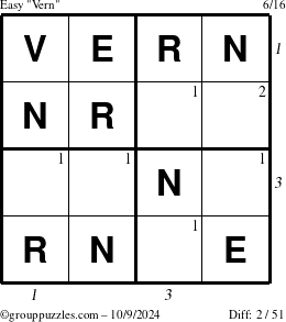 The grouppuzzles.com Easy Vern puzzle for Wednesday October 9, 2024 with all 2 steps marked