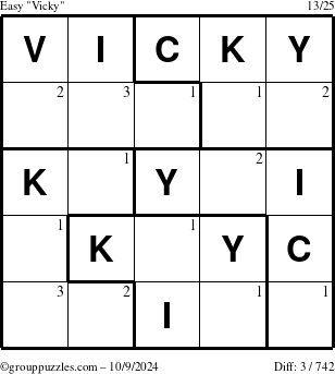 The grouppuzzles.com Easy Vicky puzzle for Wednesday October 9, 2024 with the first 3 steps marked