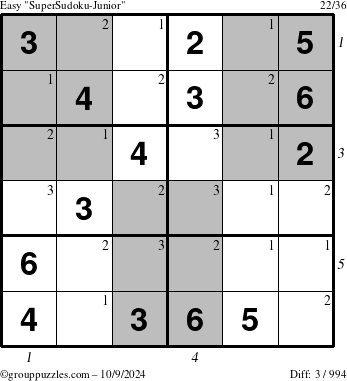 The grouppuzzles.com Easy SuperSudoku-Junior puzzle for Wednesday October 9, 2024 with all 3 steps marked