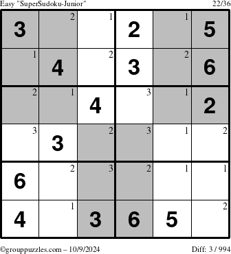 The grouppuzzles.com Easy SuperSudoku-Junior puzzle for Wednesday October 9, 2024 with the first 3 steps marked