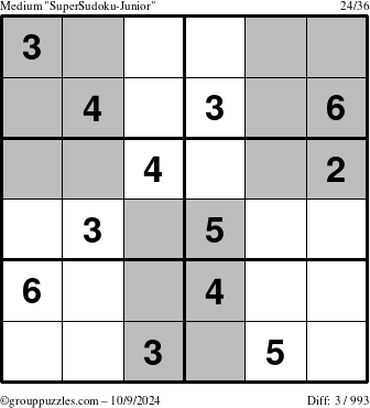 The grouppuzzles.com Medium SuperSudoku-Junior puzzle for Wednesday October 9, 2024