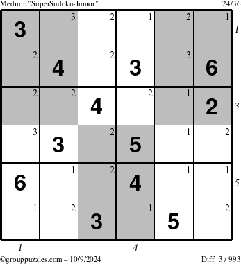 The grouppuzzles.com Medium SuperSudoku-Junior puzzle for Wednesday October 9, 2024 with all 3 steps marked