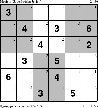 The grouppuzzles.com Medium SuperSudoku-Junior puzzle for Wednesday October 9, 2024 with the first 3 steps marked