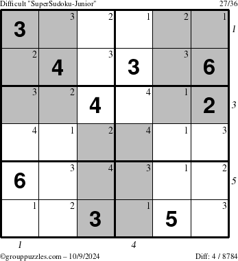 The grouppuzzles.com Difficult SuperSudoku-Junior puzzle for Wednesday October 9, 2024 with all 4 steps marked