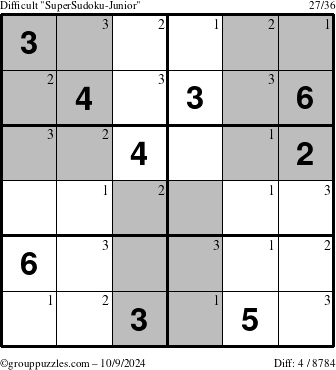 The grouppuzzles.com Difficult SuperSudoku-Junior puzzle for Wednesday October 9, 2024 with the first 3 steps marked