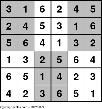 The grouppuzzles.com Answer grid for the SuperSudoku-Junior puzzle for Wednesday October 9, 2024