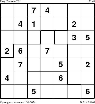 The grouppuzzles.com Easy Sudoku-7B puzzle for Wednesday October 9, 2024