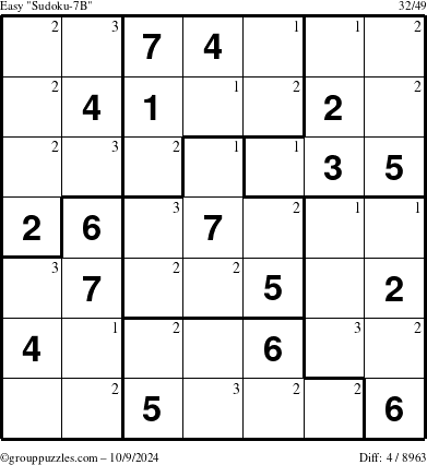 The grouppuzzles.com Easy Sudoku-7B puzzle for Wednesday October 9, 2024 with the first 3 steps marked