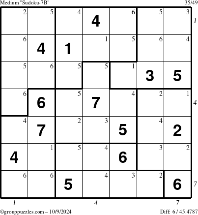 The grouppuzzles.com Medium Sudoku-7B puzzle for Wednesday October 9, 2024, suitable for printing, with all 6 steps marked