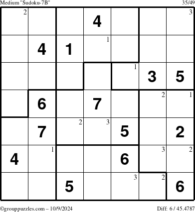 The grouppuzzles.com Medium Sudoku-7B puzzle for Wednesday October 9, 2024 with the first 3 steps marked