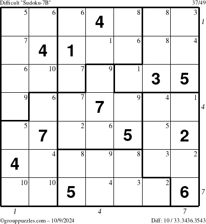 The grouppuzzles.com Difficult Sudoku-7B puzzle for Wednesday October 9, 2024 with all 10 steps marked