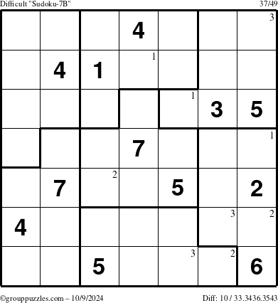 The grouppuzzles.com Difficult Sudoku-7B puzzle for Wednesday October 9, 2024 with the first 3 steps marked