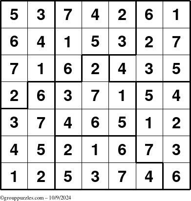 The grouppuzzles.com Answer grid for the Sudoku-7B puzzle for Wednesday October 9, 2024