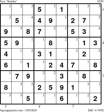 The grouppuzzles.com Easy Sudoku puzzle for Wednesday October 9, 2024 with all 4 steps marked