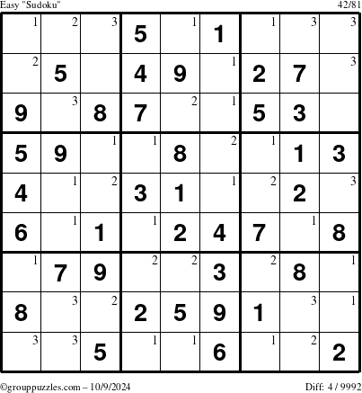 The grouppuzzles.com Easy Sudoku puzzle for Wednesday October 9, 2024 with the first 3 steps marked