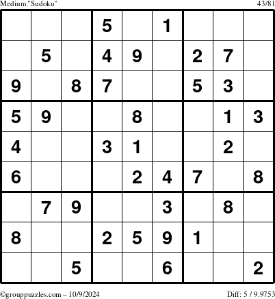 The grouppuzzles.com Medium Sudoku puzzle for Wednesday October 9, 2024