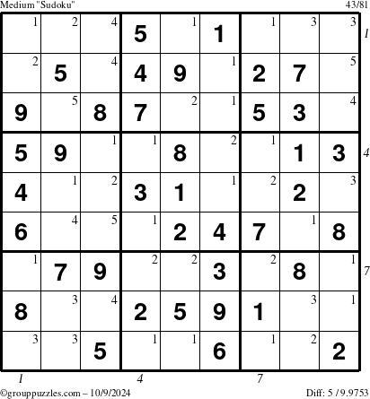 The grouppuzzles.com Medium Sudoku puzzle for Wednesday October 9, 2024 with all 5 steps marked