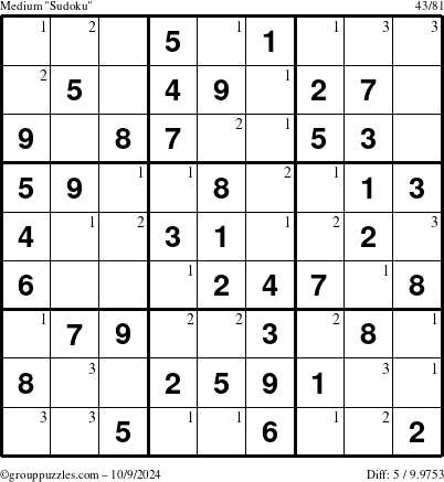 The grouppuzzles.com Medium Sudoku puzzle for Wednesday October 9, 2024 with the first 3 steps marked