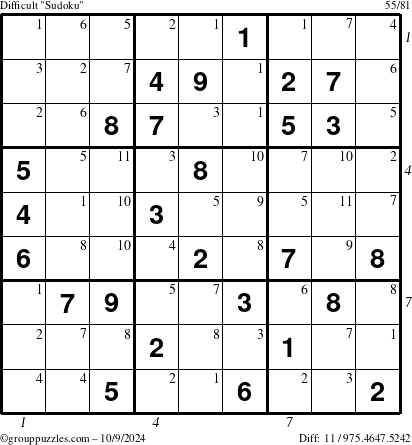 The grouppuzzles.com Difficult Sudoku puzzle for Wednesday October 9, 2024 with all 11 steps marked