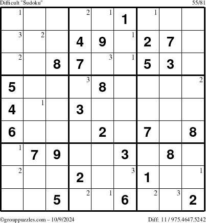 The grouppuzzles.com Difficult Sudoku puzzle for Wednesday October 9, 2024 with the first 3 steps marked