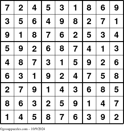 The grouppuzzles.com Answer grid for the Sudoku puzzle for Wednesday October 9, 2024