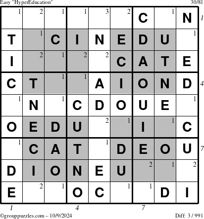 The grouppuzzles.com Easy HyperEducation-i23 puzzle for Wednesday October 9, 2024, suitable for printing, with all 3 steps marked