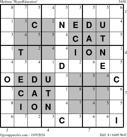 The grouppuzzles.com Medium HyperEducation-i23 puzzle for Wednesday October 9, 2024, suitable for printing, with all 8 steps marked