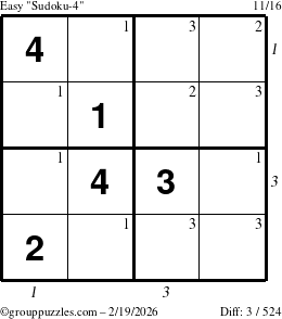The grouppuzzles.com Easy Sudoku-4 puzzle for Thursday February 19, 2026, suitable for printing, with all 3 steps marked