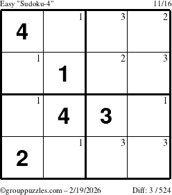 The grouppuzzles.com Easy Sudoku-4 puzzle for Thursday February 19, 2026 with the first 3 steps marked