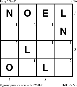 The grouppuzzles.com Easy Noel puzzle for Thursday February 19, 2026 with all 2 steps marked