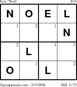 The grouppuzzles.com Easy Noel puzzle for Thursday February 19, 2026 with the first 2 steps marked