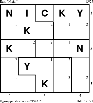 The grouppuzzles.com Easy Nicky puzzle for Thursday February 19, 2026, suitable for printing, with all 3 steps marked