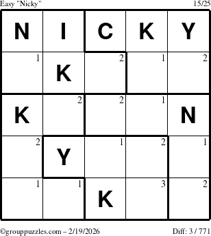 The grouppuzzles.com Easy Nicky puzzle for Thursday February 19, 2026 with the first 3 steps marked