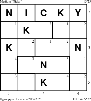 The grouppuzzles.com Medium Nicky puzzle for Thursday February 19, 2026, suitable for printing, with all 4 steps marked