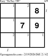 The grouppuzzles.com Easy TicTac-789 puzzle for Thursday February 19, 2026, suitable for printing, with all 2 steps marked