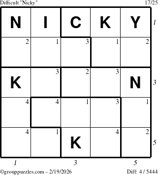 The grouppuzzles.com Difficult Nicky puzzle for Thursday February 19, 2026 with all 4 steps marked